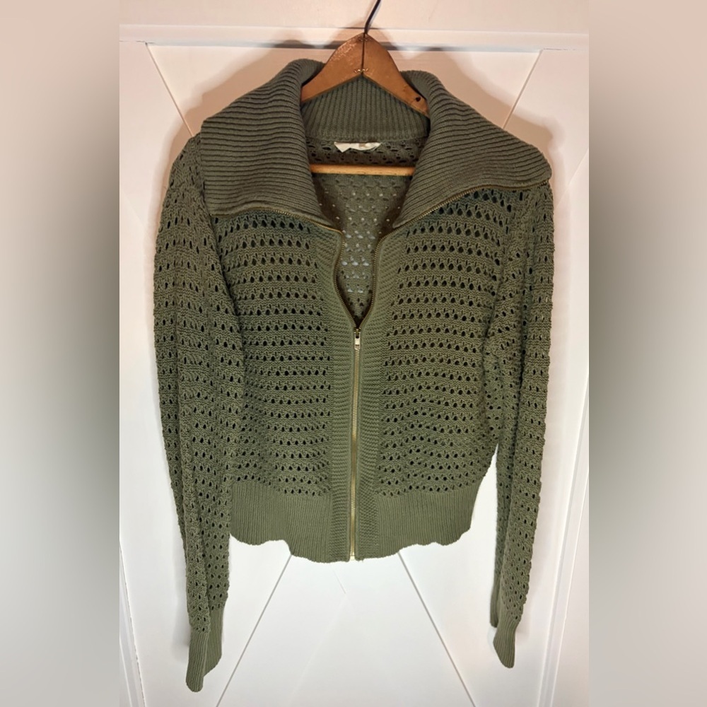 Doe and Rae Cherished Moment Open Knit Zip Up Cardigan Olive Size Large - Picture 5 of 9